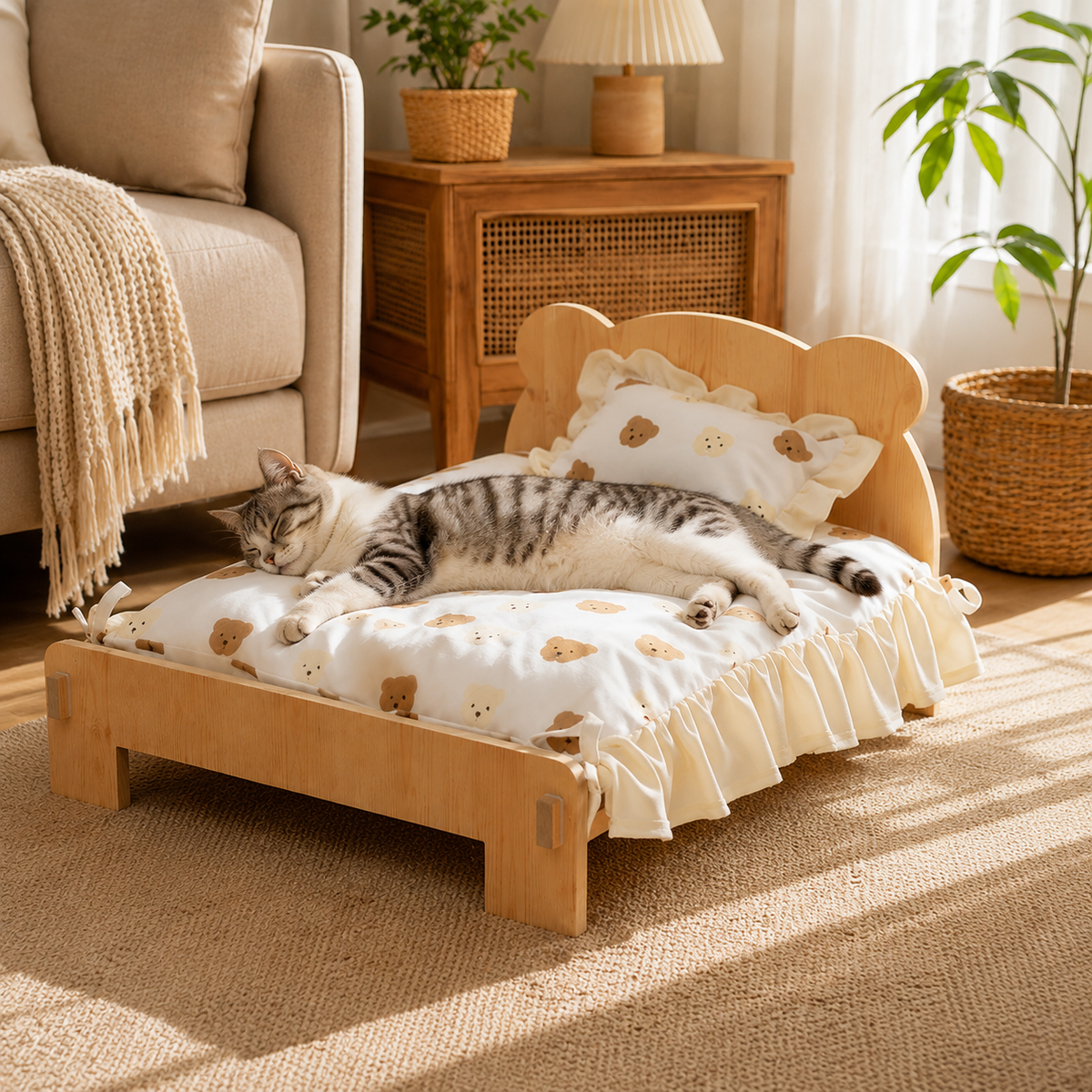 Wooden Cat Bed Frame with Bear Bedding
