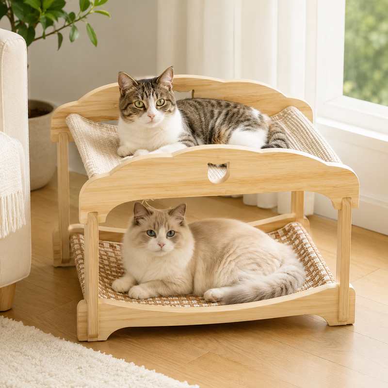 2-Tier Wooden Cat Hammock Bunk Bed