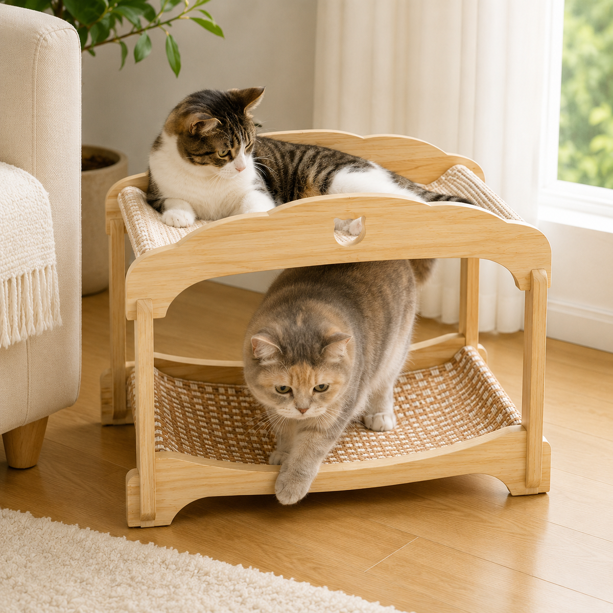 2-Tier Wooden Cat Hammock Bunk Bed
