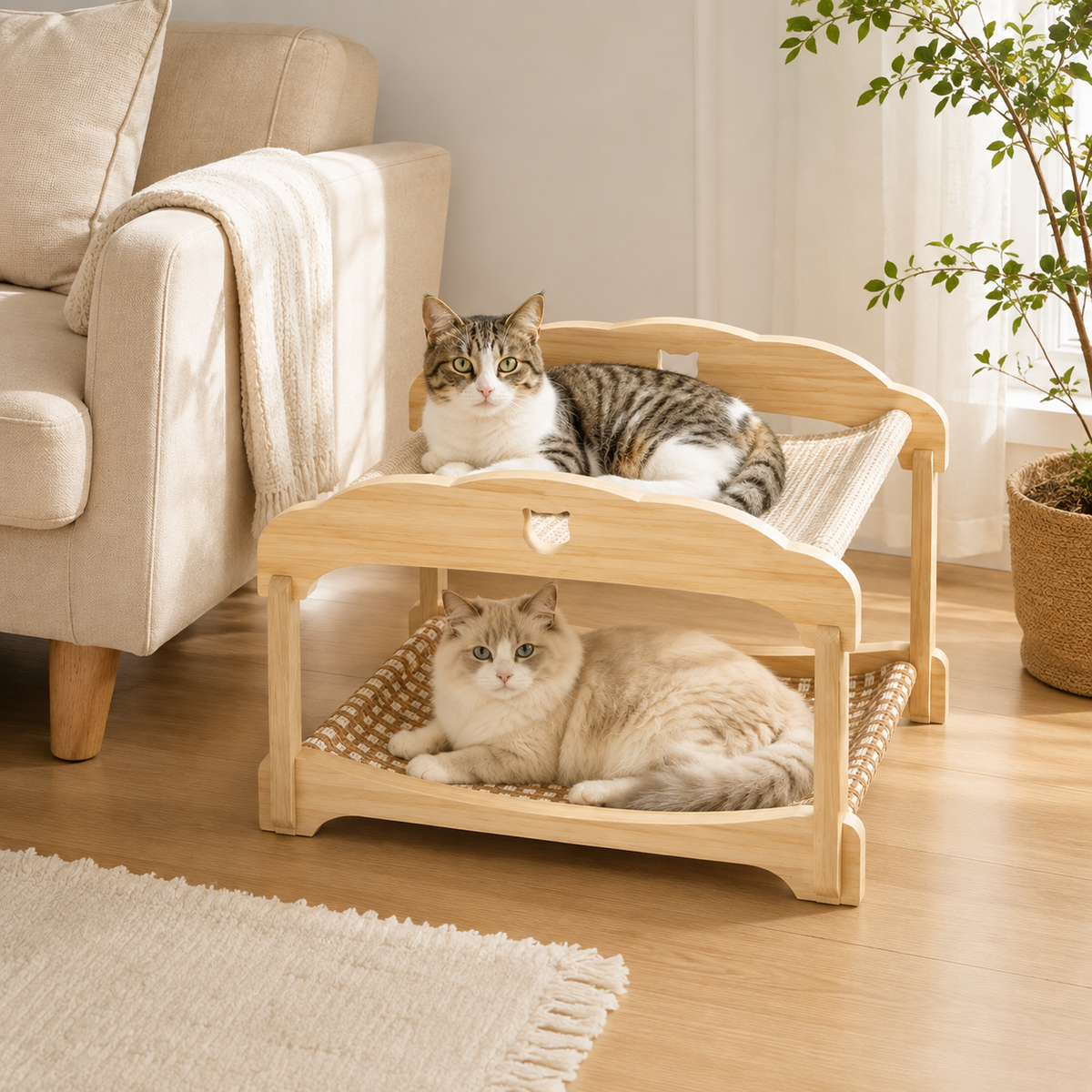 2-Tier Wooden Cat Hammock Bunk Bed