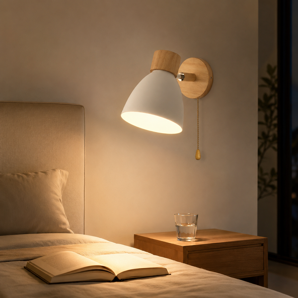 Wood Arm Pull-Chain Bedside Sconce
