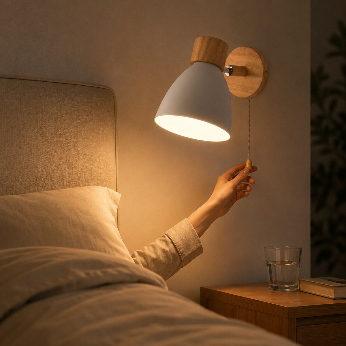 Wood Arm Pull-Chain Bedside Sconce