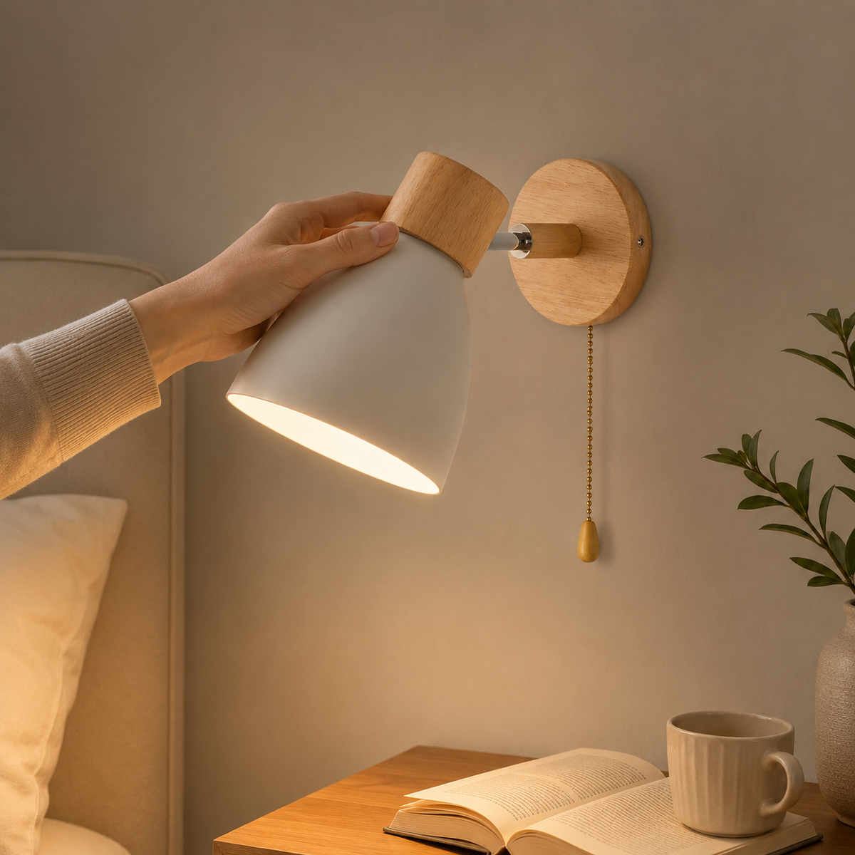 Wood Arm Pull-Chain Bedside Sconce