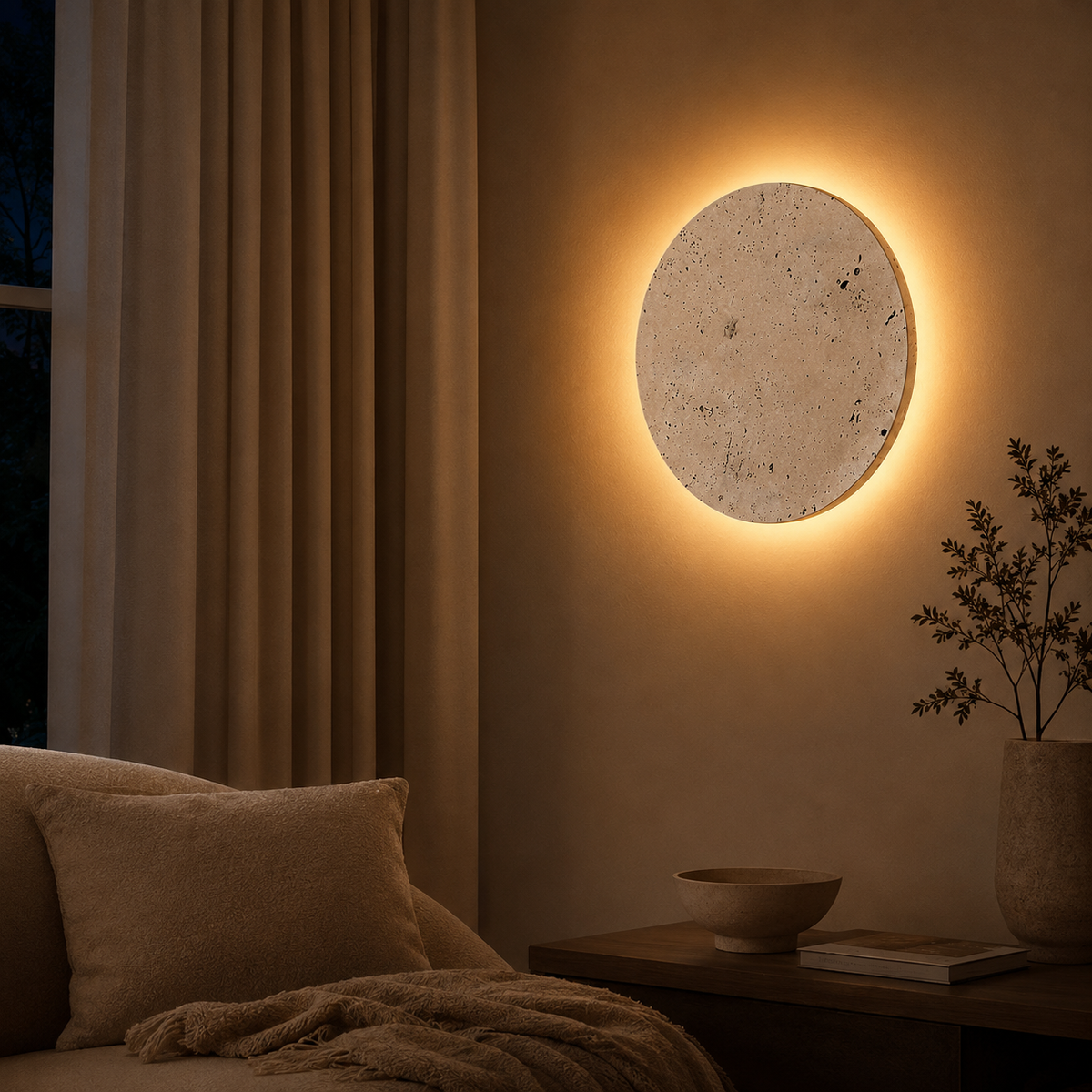 Backlit Travertine Disc Wall Sconce