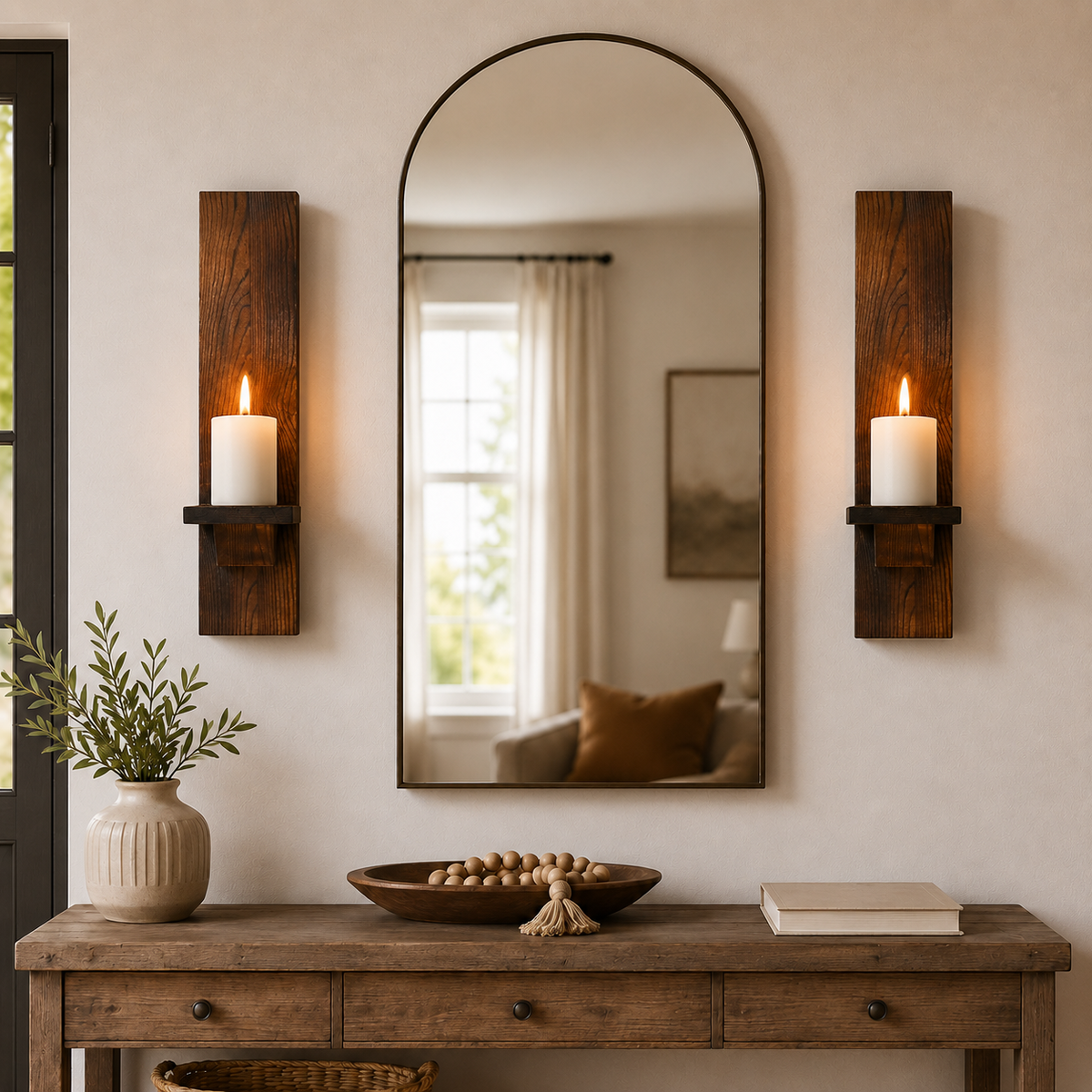 Rustic Wood Pillar Candle Wall Sconces, Set of 2