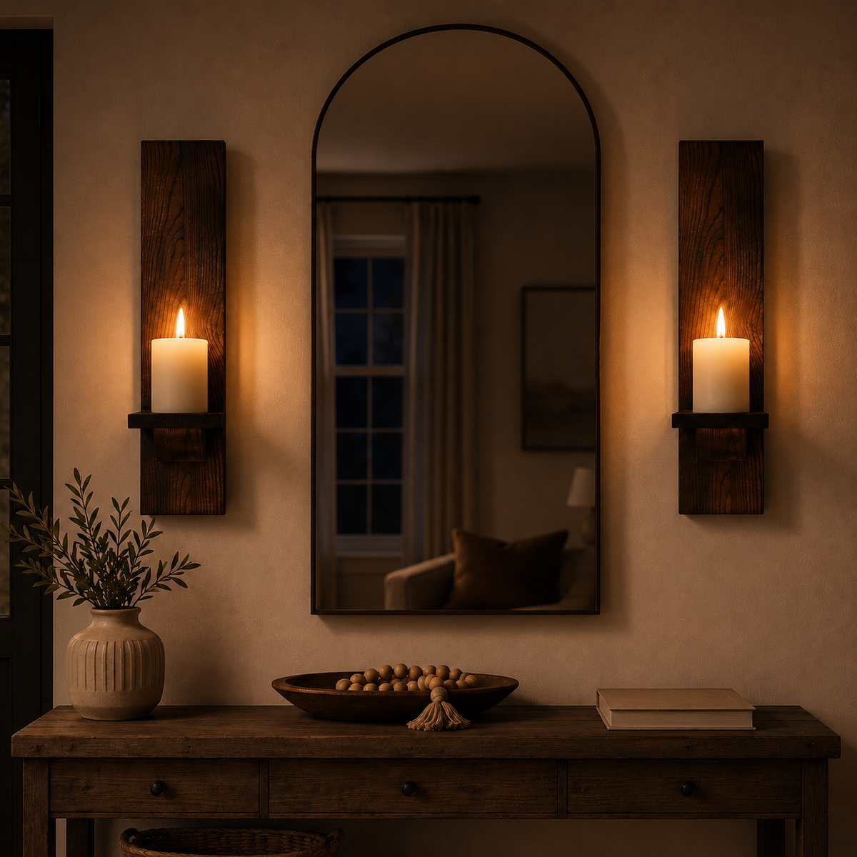 Rustic Wood Pillar Candle Wall Sconces, Set of 2