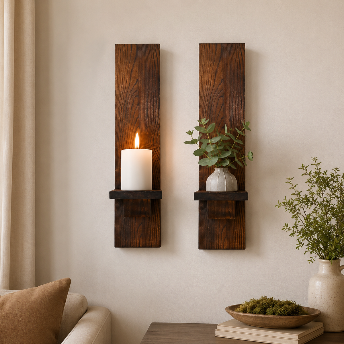 Rustic Wood Pillar Candle Wall Sconces, Set of 2