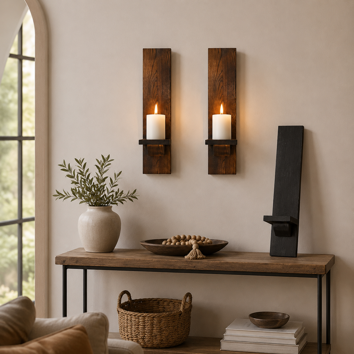 Rustic Wood Pillar Candle Wall Sconces, Set of 2