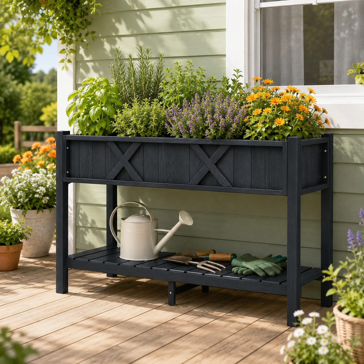 Elevated Garden Bed with Storage Shelf