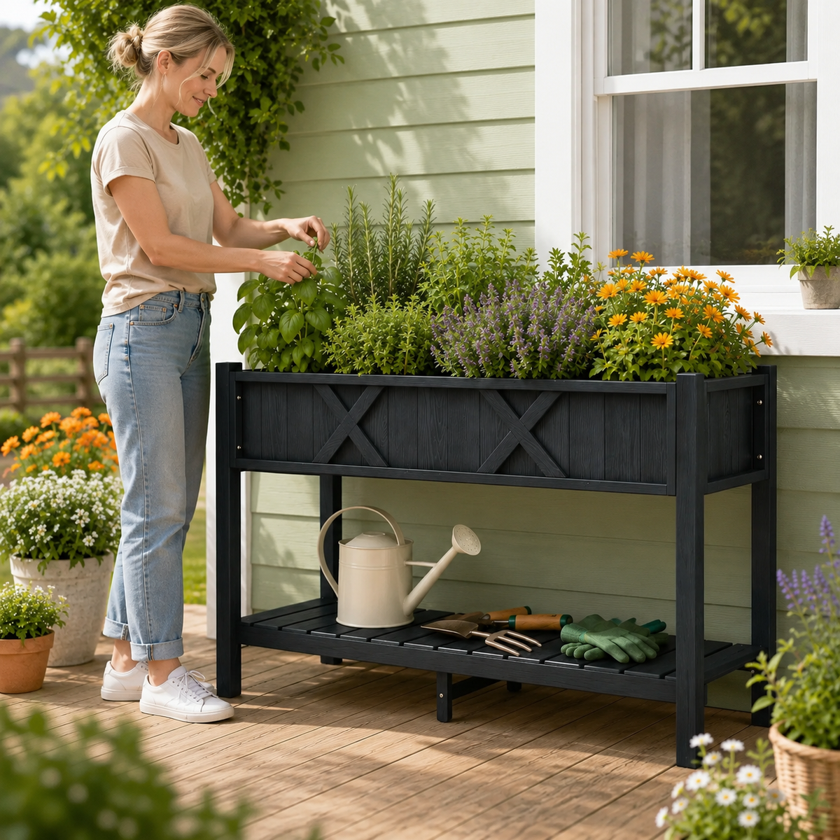 Elevated Garden Bed with Storage Shelf