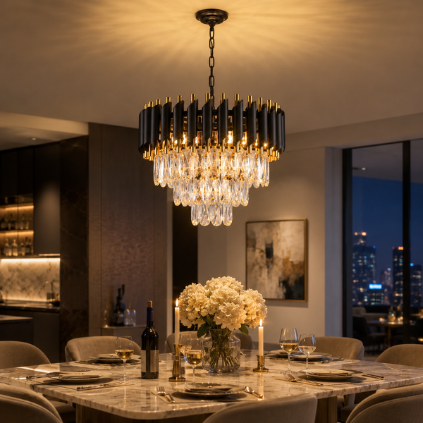 Black and Gold Tiered Crystal Chandelier