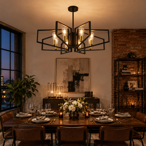 Black and Gold Geometric 8-Light Chandelier