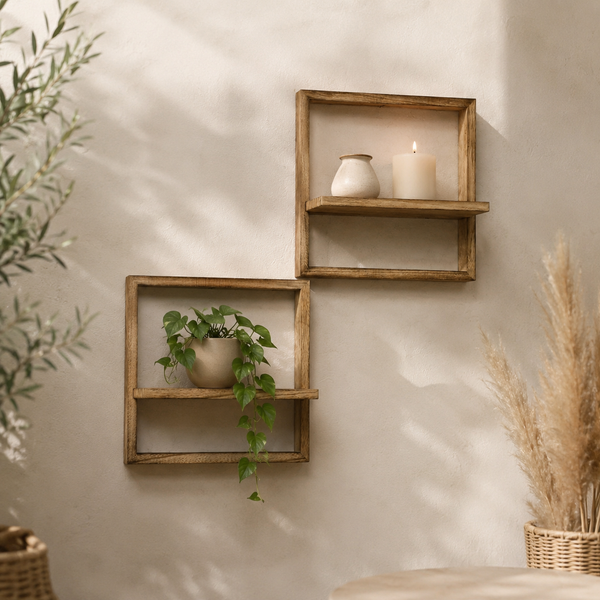 Square Wood Box Wall Shelves (Set of 2) displaying a candle, vase and trailing potted plant on a beige wall