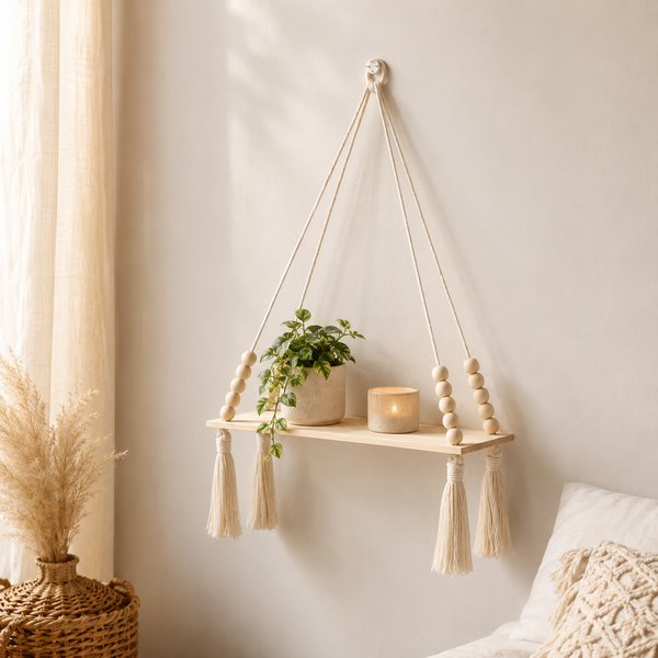 Macrame rope hanging wood shelf with beads and tassels holding a potted plant and candle above a bed