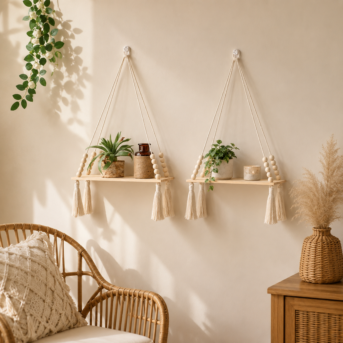 Macrame Rope Hanging Wood Shelf — product photo 4