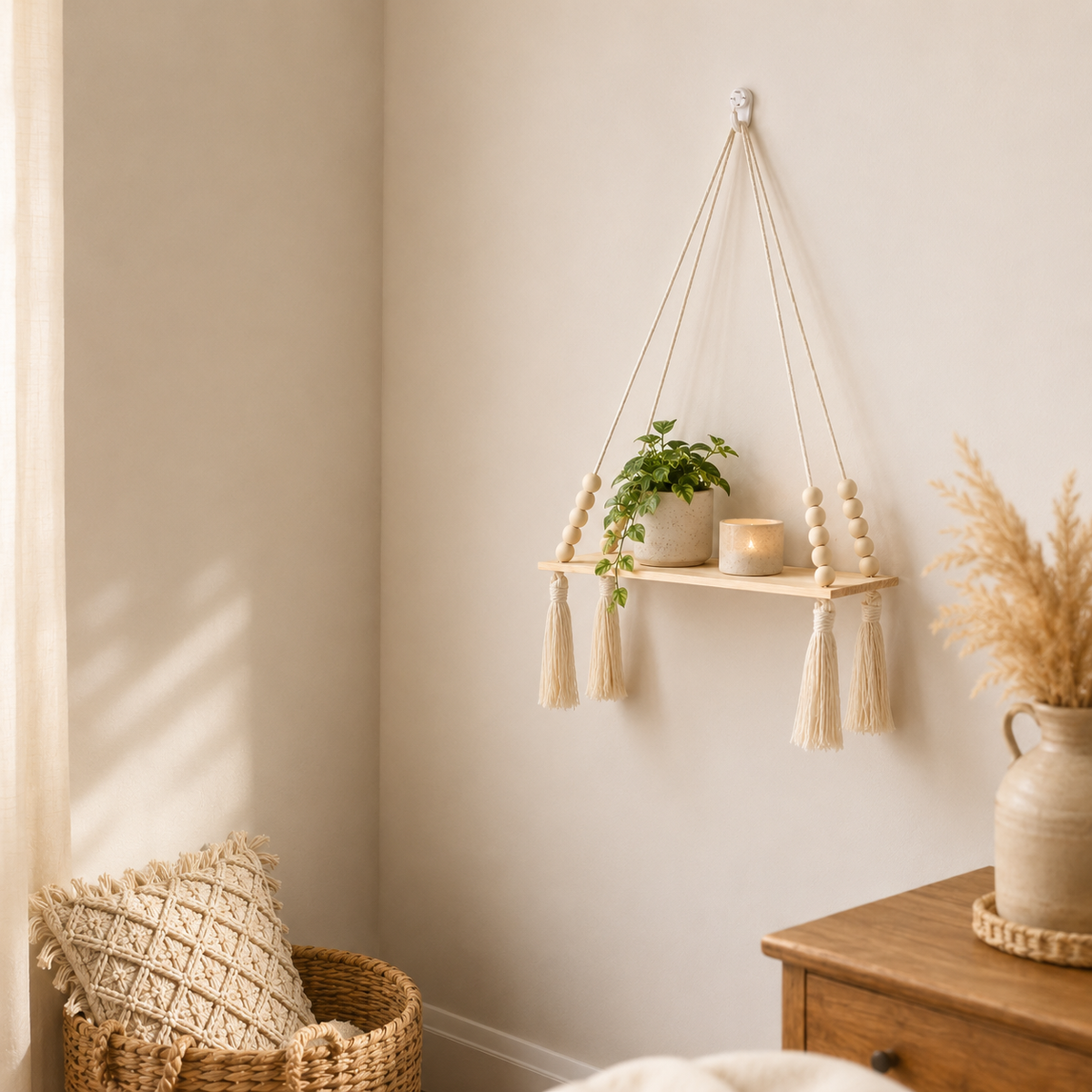 Macrame Rope Hanging Wood Shelf — product photo 5