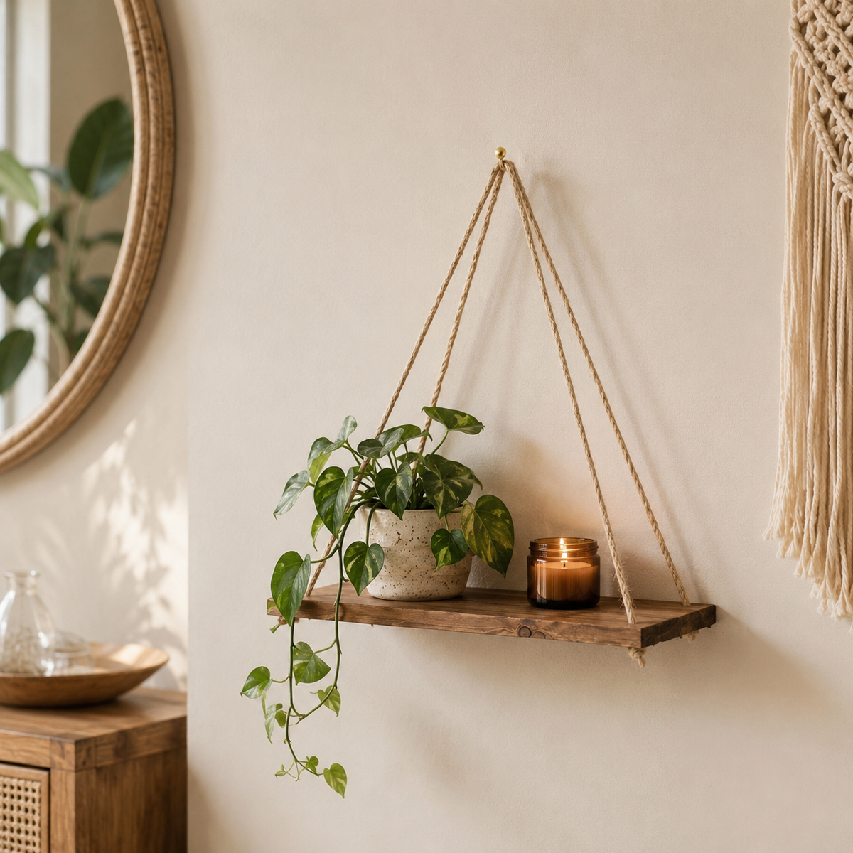 Rope swing wood wall shelf holding a trailing pothos plant and an amber candle on a cream wall
