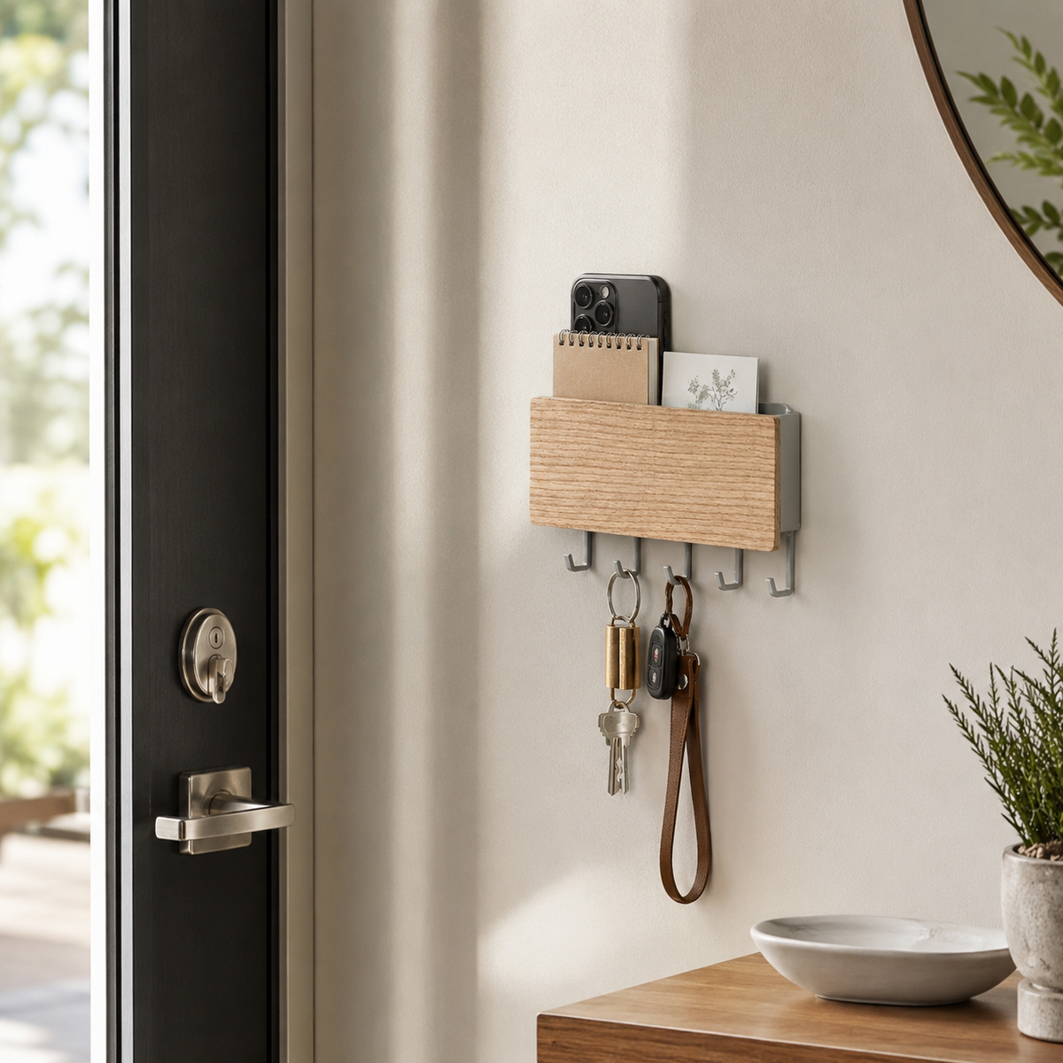 Wood-front key rack with mail pocket holding a phone and notepad, keys hanging from hooks by the front door