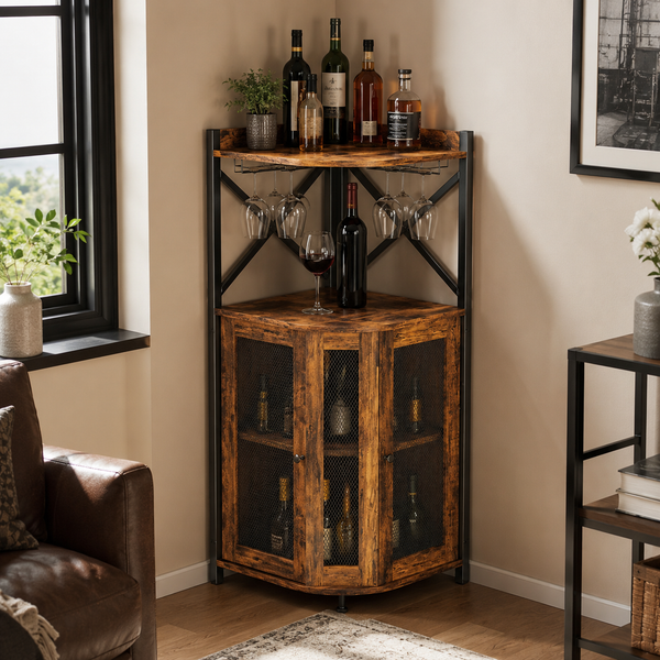 Industrial Corner Bar Cabinet with Stemware Rack