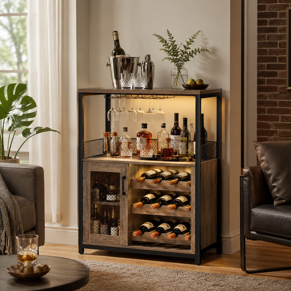 Industrial LED Bar Cabinet with Wine Rack