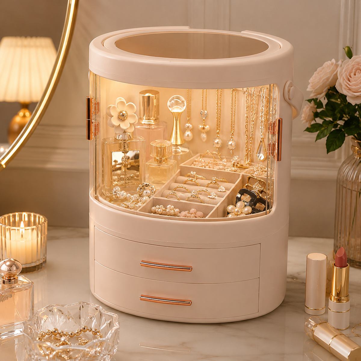 Rotating LED Makeup Organizer