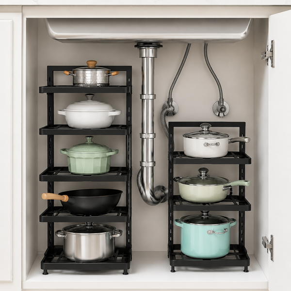 Black adjustable under-sink shelves fitted around plumbing, holding colorful pots and pans inside a cabinet
