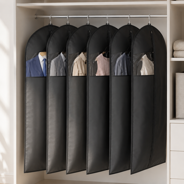 Black waterproof hanging garment bags with clear windows showing suits and dresses in a closet
