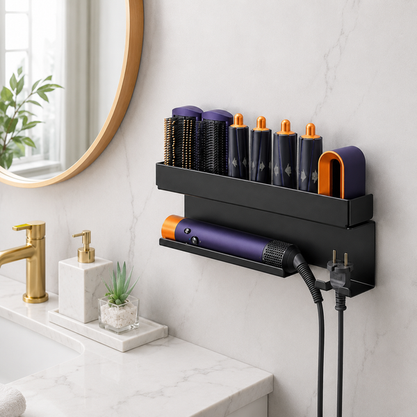Black no-drill hair tool organizer shelf wall-mounted holding curling attachments and a styler by a mirror
