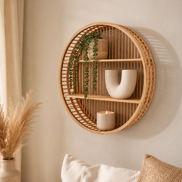 Round bamboo wall shelf with two tiers displaying a trailing plant, white vase and lit candle above a sofa