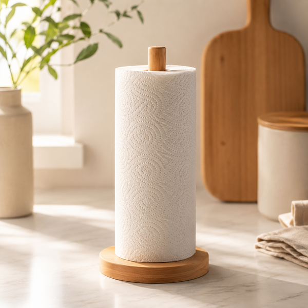 Bamboo standing paper towel holder with a round base and white roll on a kitchen counter