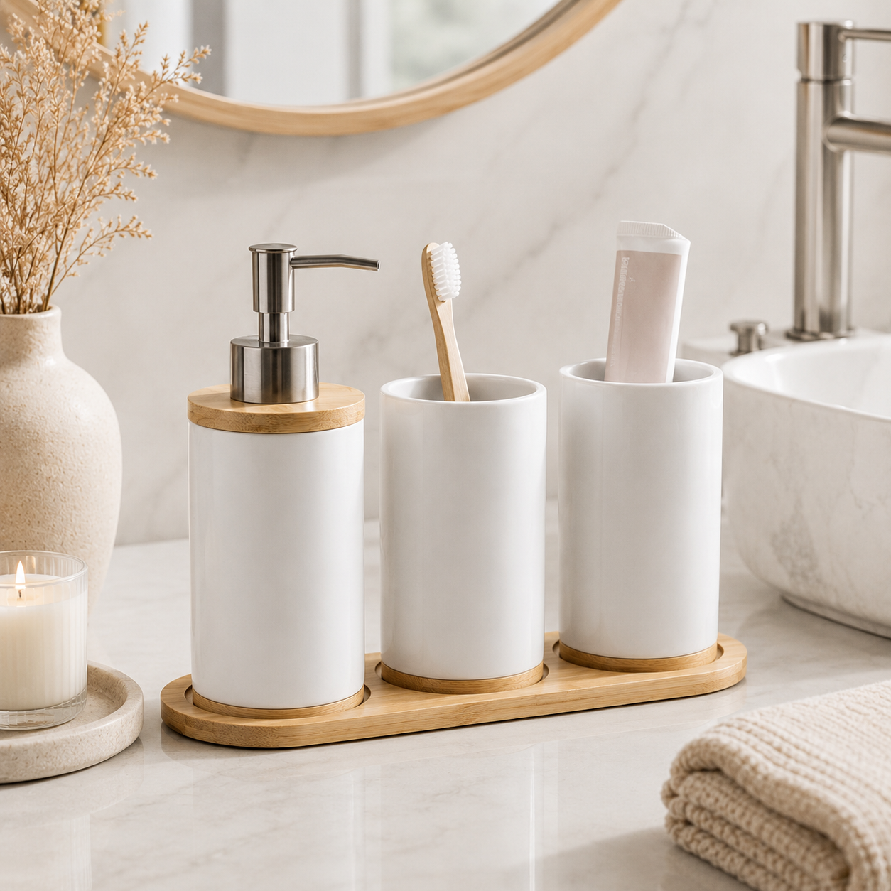 Ceramic Bathroom Accessory Set - White / 1 Cup + 1 Bottle