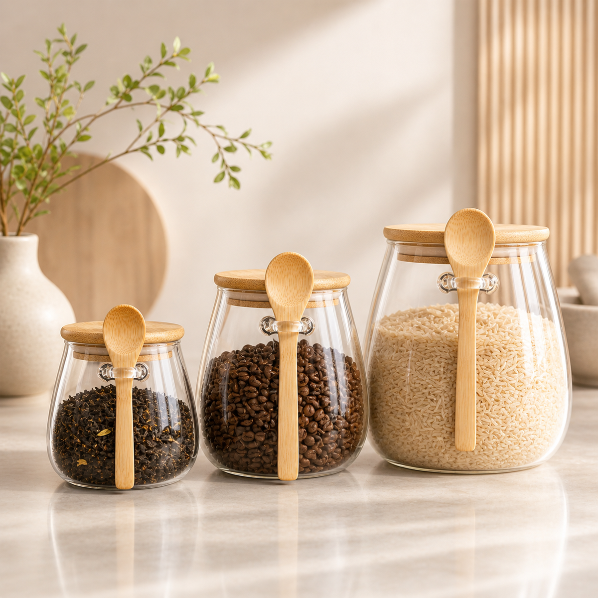 Maison Round Glass Canister — styled on a kitchen pantry shelf