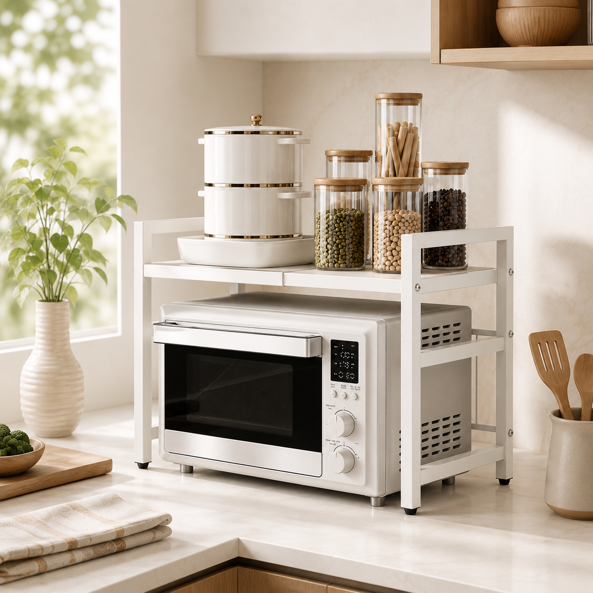 Retractable 2-Tier Kitchen Shelf — lifestyle shot holding folded clothes or linens