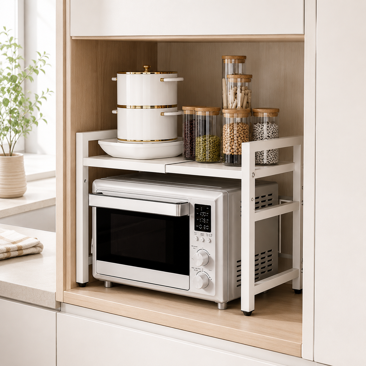 Retractable 2-Tier Kitchen Shelf — alternate angle showing internal compartments