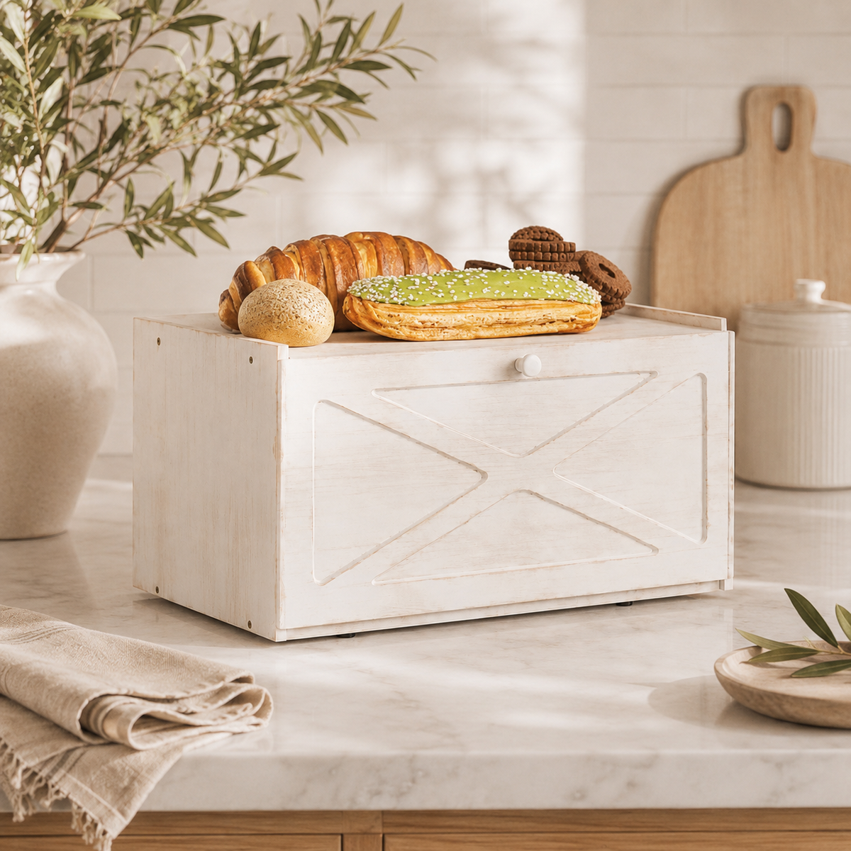Bamboo Bread Box — shown holding common kitchen items for scale