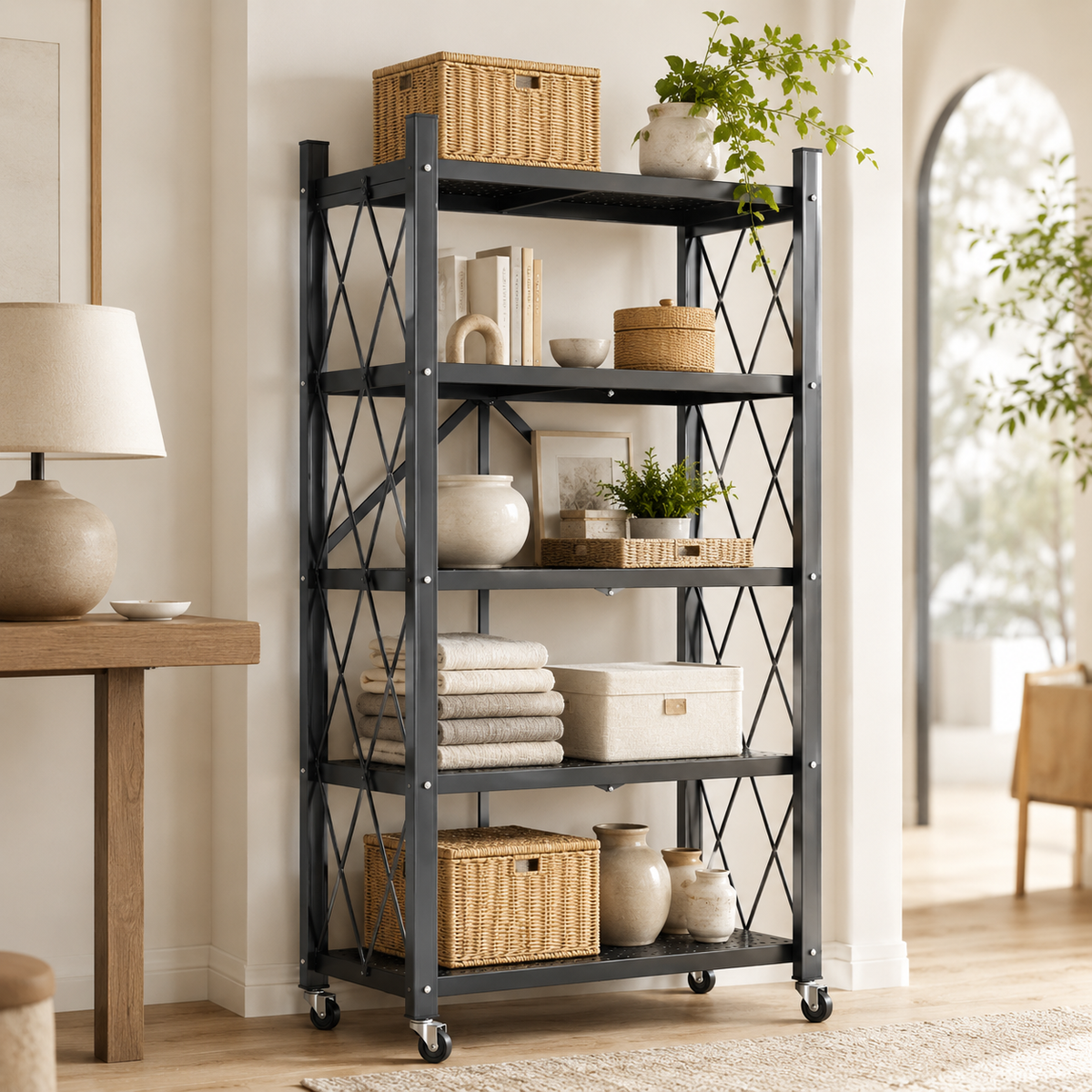 Folding Storage Shelves — styled in a bedroom or closet space