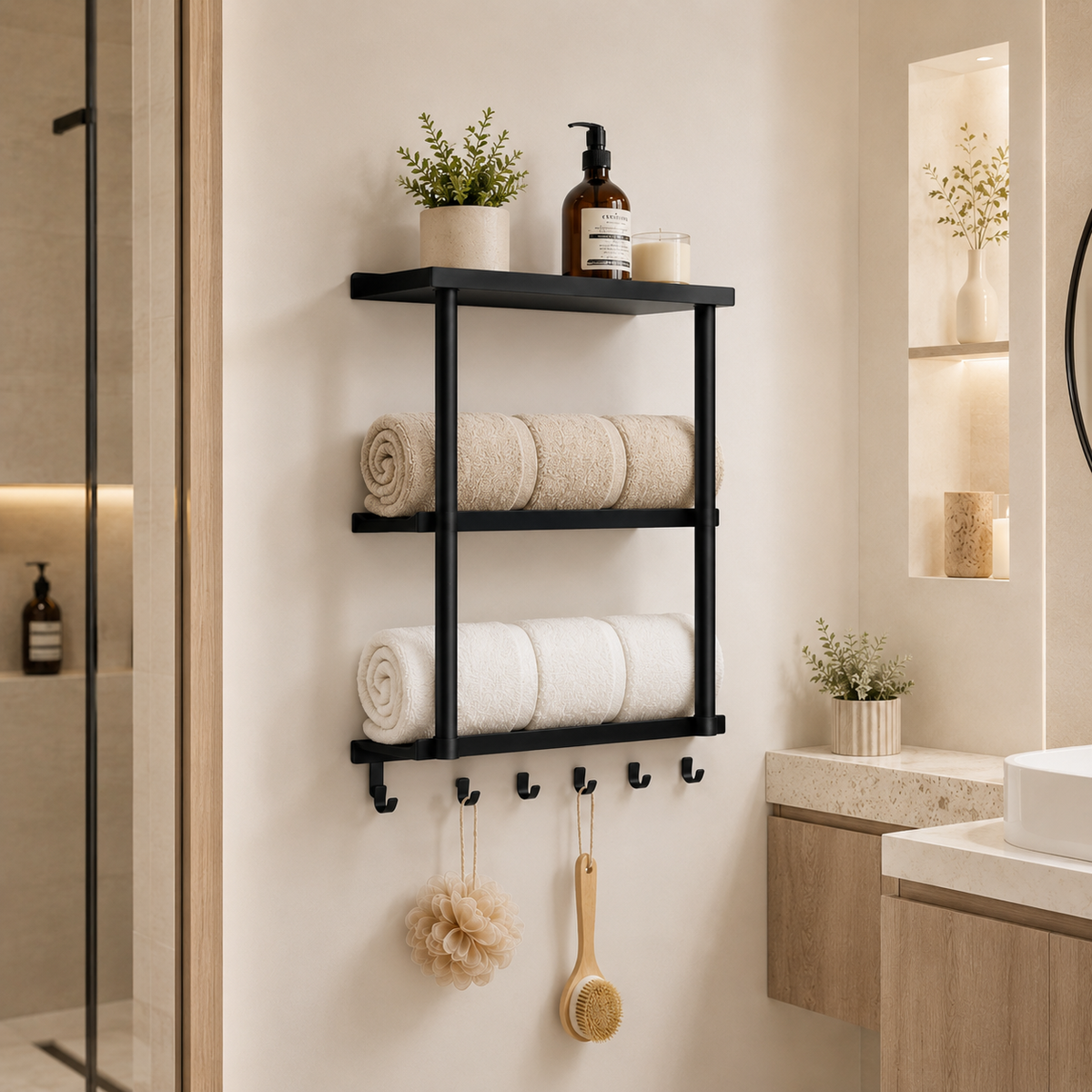 3-Tier Towel Ladder — lifestyle shot in a spa-like bathroom