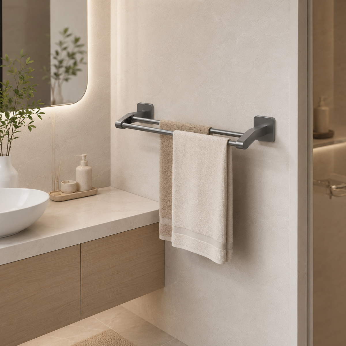 No-Drill Double Towel Bar — styled with towels and bath essentials