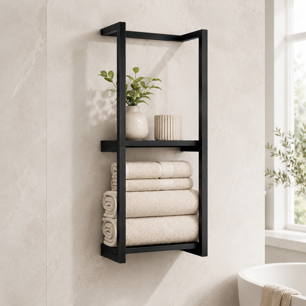 2-Tier Towel Ladder — lifestyle shot in a spa-like bathroom
