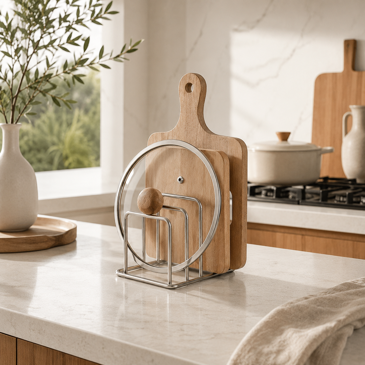 Pot Lid & Cutting Board Organizer — lifestyle shot with everyday kitchen items