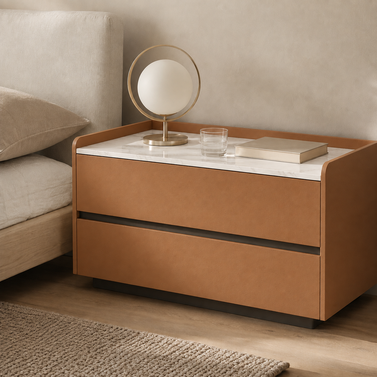Stone Top Faux Leather 2-Drawer Nightstand
