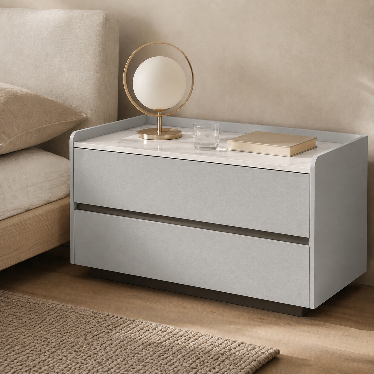 Stone Top Faux Leather 2-Drawer Nightstand