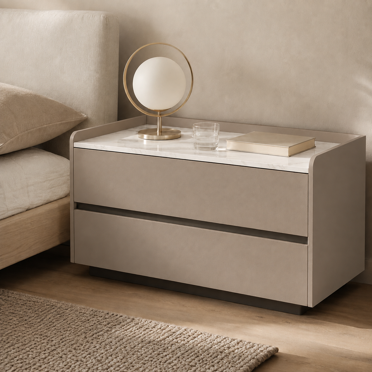 Stone Top Faux Leather 2-Drawer Nightstand