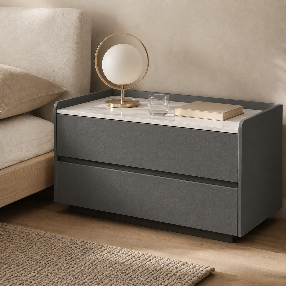 Stone Top Faux Leather 2-Drawer Nightstand