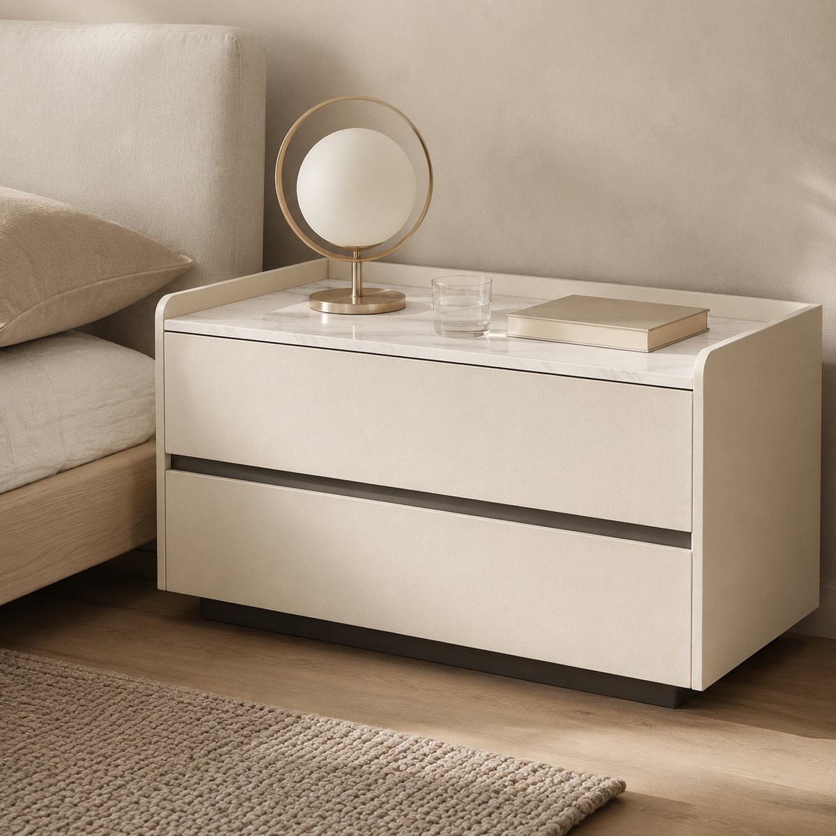 Stone Top Faux Leather 2-Drawer Nightstand