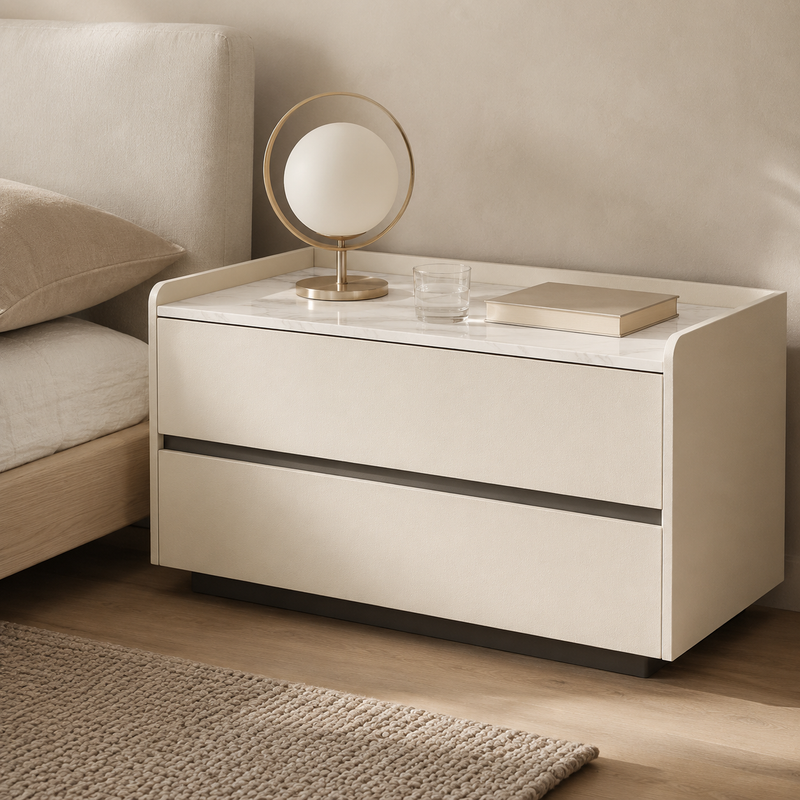Stone Top Faux Leather 2-Drawer Nightstand