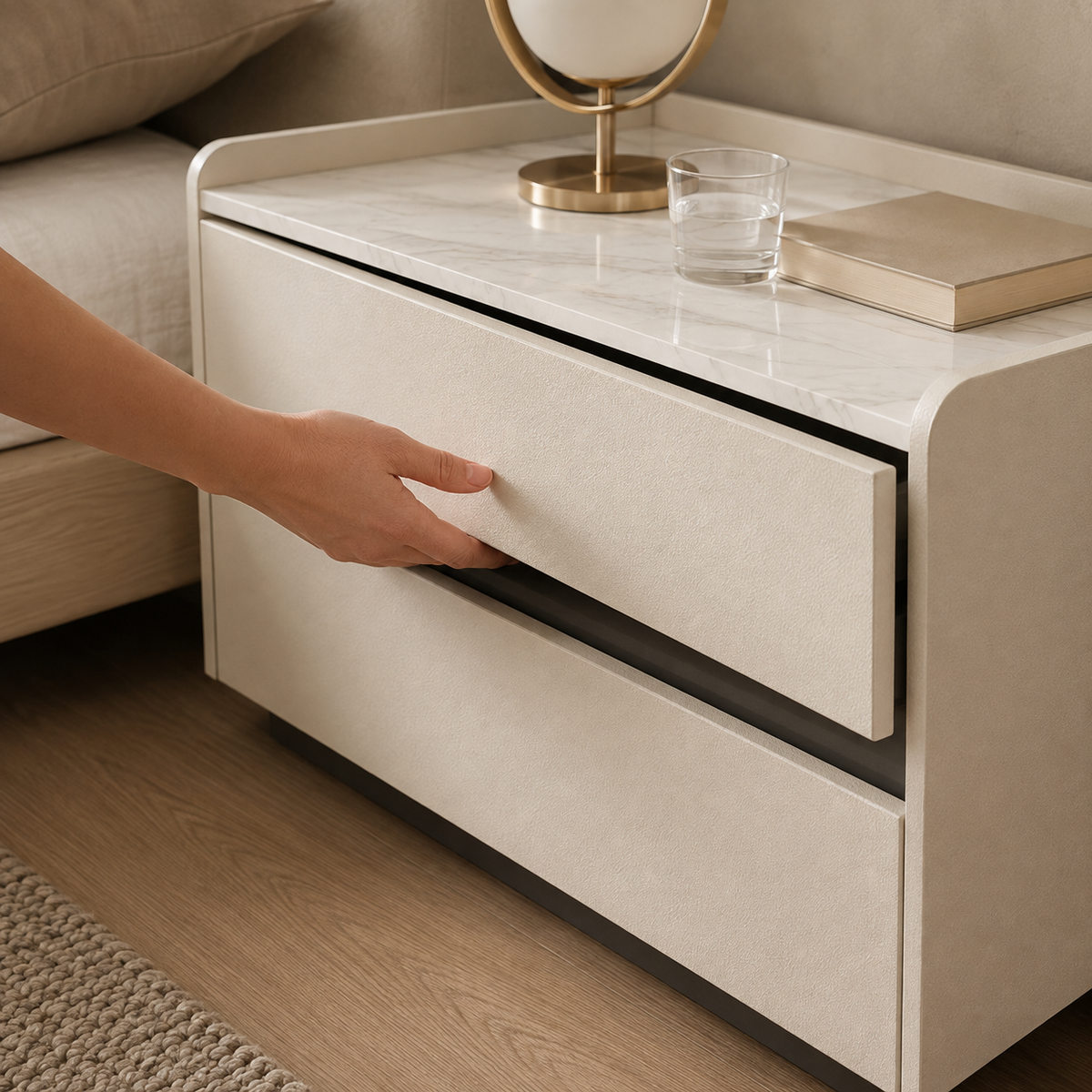 Stone Top Faux Leather 2-Drawer Nightstand