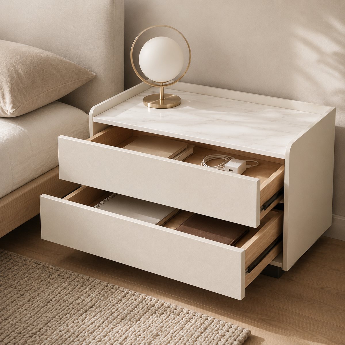Stone Top Faux Leather 2-Drawer Nightstand