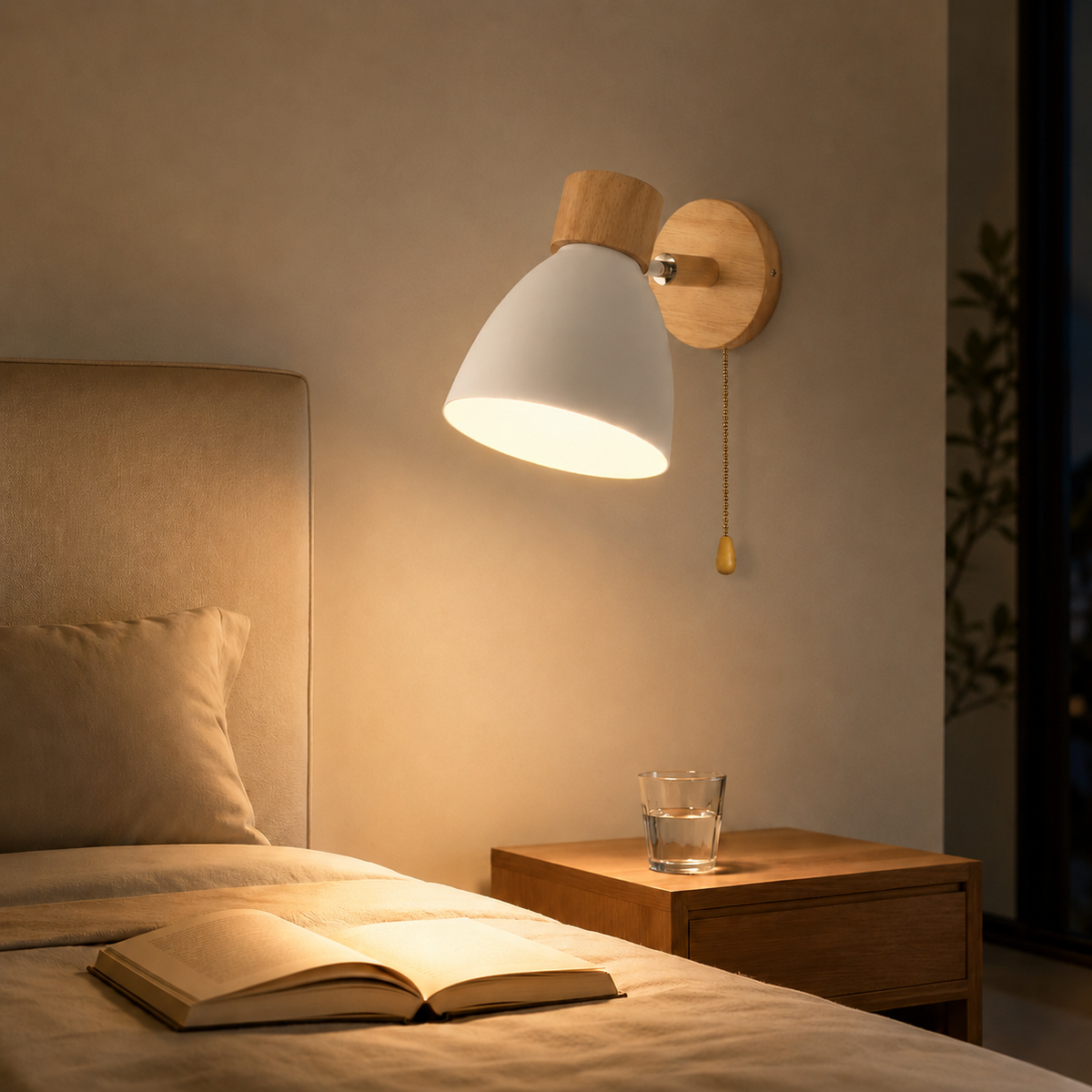 Wood Arm Pull-Chain Bedside Sconce