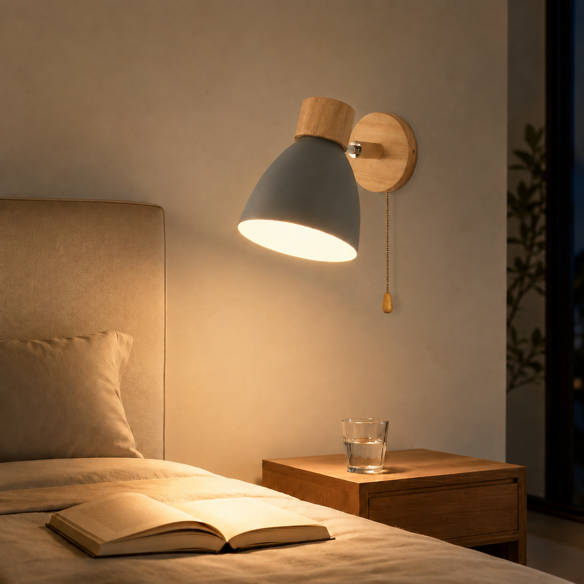 Wood Arm Pull-Chain Bedside Sconce
